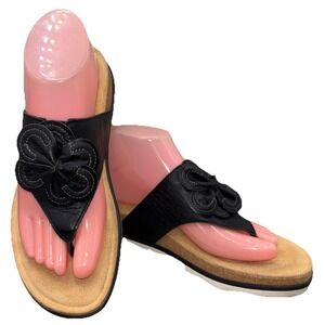 Clarks Black Leather Flower Thong Sandals Comfort Cork Platform Size‎ 9.5M